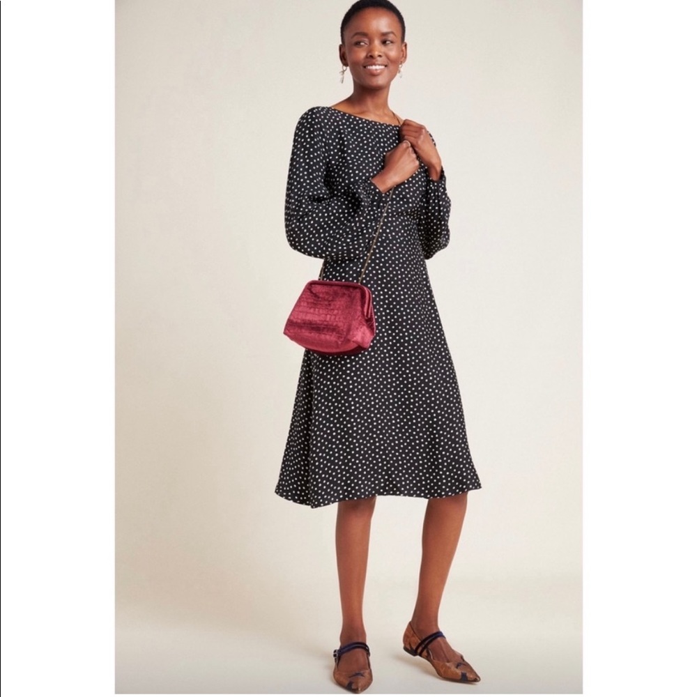 NWT Anthropologie Agatha Polka Dot Midi Dress Size 10 Puff Sleeve Cutout Black - Picture 3 of 11